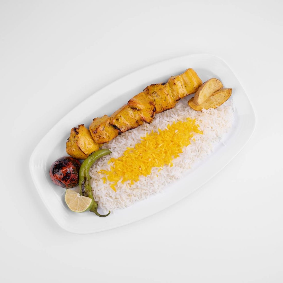 Joojeh Kabab — Safran-Hähnchenspieß mit Reis